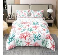 feelingyou Sealife 100% Natural Algodón Edredón Tamaño S Coral Starfish Shell Patrón Ropa de Cama Set Acuarela Rojo Verde Manta Cubierta 2pcs