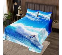 feelingyou Surf Sport Coverlet Set M Size Summer Surf Blue Sea Sky Print Durable Edredón para Niñas Adolescentes Acuarela Ocean Waves Pintura al Óleo Suave Edredón Set con 2 Fundas de Almohada