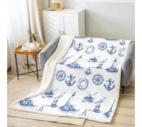feelingyou Tema del océano arroja manta, ancla náutica faro playa impresión Sherpa manta para niñas adolescentes, mar estilo natural mano azul bosquejo microfibra manta polar decoración de la
