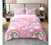 feelingyou Unicornio 100% Natural Algodón Edredón Tamaño L Kawaii Animales Niñas Ropa de Cama Conjunto Arco Iris Amor Corazón Rosa Edredón Cubierta, 3 Piezas