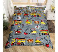 feelingyou Vehículos de construcción Funda de edredón tamaño L Tamaño L Dibujos Animados Excavadora Grúa Camión Tractor Impresión Ropa de Cama para Habitación Moderna, Gris Rojo Amarillo Funda Nórdica