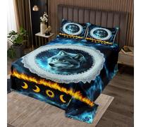 feelingyou Wolf Print Coverlet Set M Größe e,Wildlife Moon Stars Blue Galaxy Durable Edredón para niñas adolescentes,White Datura Blumen Boho Exótico Suave Poliéster Quilt Set con 2 Fundas de Almohada