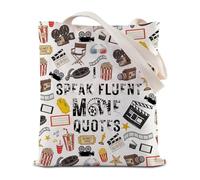 FEELMEM Bolsa de mano para amantes del cine, con texto en inglés "I Speak Fluent Movie Quotes", para amantes del cine, sarcasmo, humor, director, cine, fanático, beige
