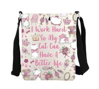 FEELMEM Bolso cruzado con diseño de gato de dibujos animados con texto en inglés "I Work Hard So My Cat Can Have A Better Life", para gatos, damas, piel sintética, regalo para mamá, beige