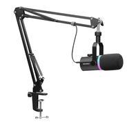 FEELWORLD PM1 XLR - Micrófono dinámico USB con soporte de brazo para podcast, computadora, juegos y transmisión en vivo, voz vocal, micrófono de metal de estudio con luz RGB