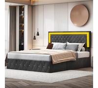 FEEOHOME Cama Baúl 140 x 200 cm, Cama 2 Personas, Cama Doble Acolchado con Espacio de Almacenamiento, Cabecero de Cama con Luces LED, Marco de Cama para Adultos Adolescentes, Velours, Negro
