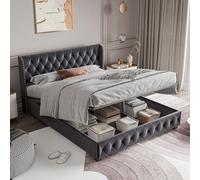 FEEOHOME - Cama doble de 180 x 200 cm, Camas Capitonadas Aver Almacenamiento, Cama Multifunción con Somier de Latones, Cabecero de Cama Velour, Marco de Cama para Adultos y Adolescentes, Gris Oscuro