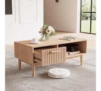 FEEOHOME - Mesa baja moderna de ratán, mesa baja con 1 cajón y estante abierto, mesa de centro rectangular para sala de estar, sala de estar, oficina, 100x50x43 cm, color madera