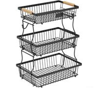 Feeshoppher Cesta de frutas de hierro de 3 niveles con mango de madera y diseño desmontable para frutas, verduras y aperitivos, estante de metal ventilado para encimera o despensa