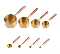 Feeshoppher Juego de 8 tazas y cucharas medidoras de acero inoxidable con asas de madera, incluye 4 tazas de 60 ml, 80 ml, 125 ml, 250 ml y 4 cucharas de 1,25 ml, 2,5 ml, 5 ml, 15 ml, tamaños grabados