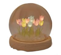 Feeshoppher Luz nocturna estilo tulipán de 10 x 10 cm, lámpara de flores de vidrio acrílico con base de madera, decoración de mesa de noche suave y brillante para dormitorio, sala de estar, adorno