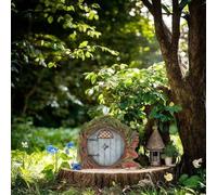 Feeshoppher Puerta de cabaña de madera con encantador diseño de doble capa para jardín, patio, árboles y decoración de elfos al aire libre, adorno colorido en miniatura de 10 cm para puerta de