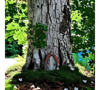 Feeshoppher Puerta de cabaña de madera con encantador diseño de doble capa para jardín, patio, árboles y decoración de elfos al aire libre, adorno colorido en miniatura de 10 cm para puerta de
