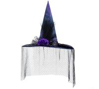 Feeshoppher Sombrero de bruja de Halloween para mujer, terciopelo de poliéster con diseño moteado negro y morado con rosetas y plumas, borde de alambre de memoria que mantiene la forma, accesorio