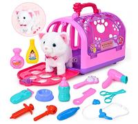 Fegalop Juguete Electrónico para Mascotas con Sonido y Movimiento con Kit de Veterinaria, Maletín Juguete con Gato de Juguete Interactivo, Gatito Peluche Blanco, para Niños y Niñas 2 3 4 5 Años