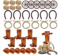 Fegtrtyoa Set de Regalo de 42 Piezas para Manualidades para Baby Shower, Cumpleaños, Ruedas Marrones y Sombreros, Bolsas de Heno y Cuerdas, Centro de Mesa, Mini Herraduras, Botas de Vaquero, Piezas Ce
