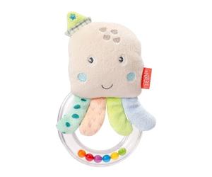 Fehn 054248 - Anillo sonajero de pulpo, agarrador que suena, chirría y se siente con el pulpo de suave tela de peluche, para bebés y niños pequeños a partir de 0 meses, tamaño: 14 cm