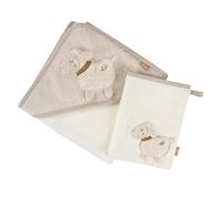 Fehn Conjunto de baño Oveja - Poncho de baño con Capucha y toallita de Rizo | Muy absorbentes y muy suaves, toallitas y toalla con capucha y motivos de animales - para bebés a partir de 0 meses