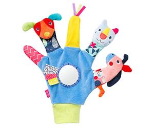 Fehn Guante de juego Color Friends - Para agarrar y hacer ruido, con sonajero y chirriador - Marioneta para bebés a partir de 0 meses