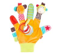 Fehn Safari guante de juego - marionetas de dedo juguete mono y elefante para agarrar y hacer ruidos - marionetas de mano para niños y bebés a partir de 0+ meses - con juguete para sonajero