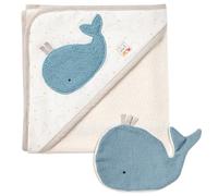 Fehn Set de baño toalla y guante Bebé Ballena - Toalla con capucha y simpática ballena - poncho infantil de algodón de cultivo ecológico - para bebés y niños pequeños de 0+ meses