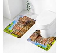 FEHWI Alfombra Baño 2 Piezas,Alfombrilla Antideslizante y Secado Rápido Lavable,Alfombrilla para Bañera,Baño,Ducha,WC,Paisaje Urbano, Edificios Antiguos en Ámsterdam Noord Ferry Ciudad Cultural Hola