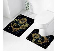 FEHWI Alfombra Baño 2 Piezas,Alfombrilla Antideslizante y Secado Rápido Lavable,Alfombrilla para Bañera,Baño,Ducha,WC,Psicodélico, Luna Creciente con Plumas Bohemias, diseño de Mito Egipcio mágico d