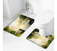 FEHWI Alfombra Baño 2 Piezas,Alfombrilla Antideslizante y Secado Rápido Lavable,Alfombrilla para Bañera,Baño,Ducha,WC,Naturaleza, Barco en la Cubierta del Lago brumoso, Bosque de ensueño por la maña