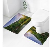 FEHWI Alfombra Baño 2 Piezas,Alfombrilla Antideslizante y Secado Rápido Lavable,Alfombrilla para Bañera,Baño,Ducha,WC,Río Que Fluye Entre montañas Verdes a través del Bosque al Atardecer