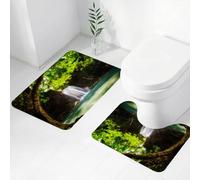 FEHWI Alfombra Baño 2 Piezas,Alfombrilla Antideslizante y Secado Rápido Lavable,Alfombrilla para Bañera,Baño,Ducha,WC,Cascada, Cascada Que Fluye hacia el Lago en lo Profundo del Bosque, cálido paraí