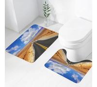 FEHWI Alfombra Baño 2 Piezas,Alfombrilla Antideslizante y Secado Rápido Lavable,Alfombrilla para Bañera,Baño,Ducha,WC,Estados Unidos, Carretera en California Estepa y Nubes Carretera Asfaltada Horiz