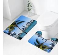 FEHWI Alfombra Baño 2 Piezas,Alfombrilla Antideslizante y Secado Rápido Lavable,Alfombrilla para Bañera,Baño,Ducha,WC,El Horizonte co de Miami, una Palmera se eleva a lo Largo de la Arquitectura Mod