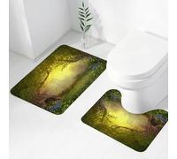 FEHWI Alfombra Baño 2 Piezas,Alfombrilla Antideslizante y Secado Rápido Lavable,Alfombrilla para Bañera,Baño,Ducha,WC,Árbol del Bosque místico Bosque Encantado Paisaje Natural de fantasía con Flores