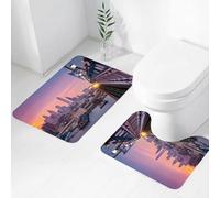 FEHWI Alfombra Baño 2 Piezas,Alfombrilla Antideslizante y Secado Rápido Lavable,Alfombrilla para Bañera,Baño,Ducha,WC,delfia bajo un brumoso Atardecer púrpura. Un Tren cruza el Puente Ben Franklin.