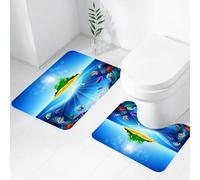FEHWI Alfombra Baño 2 Piezas,Alfombrilla Antideslizante y Secado Rápido Lavable,Alfombrilla para Bañera,Baño,Ducha,WC,Paisaje Marino con Isla y Coral en Aguas Profundas.