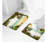 FEHWI Alfombra Baño 2 Piezas,Alfombrilla Antideslizante y Secado Rápido Lavable,Alfombrilla para Bañera,Baño,Ducha,WC,Océano, Palmeras, cocoteros y Olas del mar a través de Las montañas en Paradise