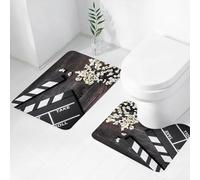 FEHWI Alfombra Baño 2 Piezas,Alfombrilla Antideslizante y Secado Rápido Lavable,Alfombrilla para Bañera,Baño,Ducha,WC,Viendo la película. Claqueta de Cine y Palomitas sobre una Mesa de Madera.