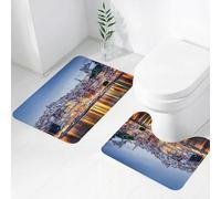 FEHWI Alfombra Baño 2 Piezas,Alfombrilla Antideslizante y Secado Rápido Lavable,Alfombrilla para Bañera,Baño,Ducha,WC,Ciudad, Colorido Paisaje Urbano de Arquitectura a lo Largo de la Orilla del río