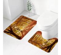 FEHWI Alfombra Baño 2 Piezas,Alfombrilla Antideslizante y Secado Rápido Lavable,Alfombrilla para Bañera,Baño,Ducha,WC,Suelo del Bosque Cubierto de Hojas otoñales de Color Naranja Brillante y luz del