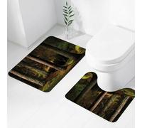 FEHWI Alfombra Baño 2 Piezas,Alfombrilla Antideslizante y Secado Rápido Lavable,Alfombrilla para Bañera,Baño,Ducha,WC,Bosque con coníferas y Grandes Rocas bajo la mágica luz del Atardecer.