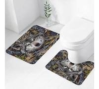 FEHWI Alfombra Baño 2 Piezas,Alfombrilla Antideslizante y Secado Rápido Lavable,Alfombrilla para Bañera,Baño,Ducha,WC,Un Lobo Mirando hacia adelante a través de la maleza.