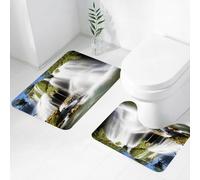 FEHWI Alfombra Baño 2 Piezas,Alfombrilla Antideslizante y Secado Rápido Lavable,Alfombrilla para Bañera,Baño,Ducha,WC,Cascada, majestuosa Cascada Que Fluye sobre Rocas de acantilados en un Pueblo RU