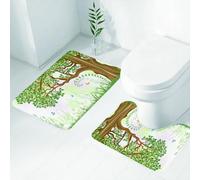 FEHWI Alfombra Baño 2 Piezas,Alfombrilla Antideslizante y Secado Rápido Lavable,Alfombrilla para Bañera,Baño,Ducha,WC,Pintura al óleo con Efecto artístico, Azul y Rosa, con árboles, Hierbas y maripo