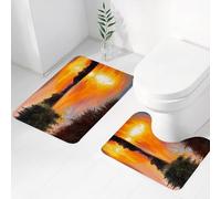 FEHWI Alfombra Baño 2 Piezas,Alfombrilla Antideslizante y Secado Rápido Lavable,Alfombrilla para Bañera,Baño,Ducha,WC,Bosque del Lago al Atardecer Arte Abstracto Estilo impresionista, Naranja Verde