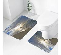 FEHWI Alfombra Baño 2 Piezas,Alfombrilla Antideslizante y Secado Rápido Lavable,Alfombrilla para Bañera,Baño,Ducha,WC, Velero Cerca de la Playa de Arena en un paraíso Tropical con Puesta de Sol.