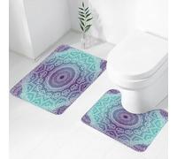 FEHWI Alfombra Baño 2 Piezas,Alfombrilla Antideslizante y Secado Rápido Lavable,Alfombrilla para Bañera,Baño,Ducha,WC,Arte de Mandala, patrón Complejo de Color púrpura Suave y diseño Circular turque