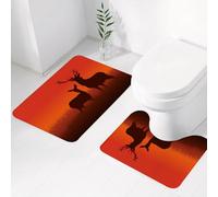 FEHWI Alfombra Baño 2 Piezas,Alfombrilla Antideslizante y Secado Rápido Lavable,Alfombrilla para Bañera,Baño,Ducha,WC,Caza, ilustración de Silueta de un Ciervo y una cierva en el Horizonte de la TEM