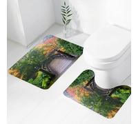 FEHWI Alfombra Baño 2 Piezas,Alfombrilla Antideslizante y Secado Rápido Lavable,Alfombrilla para Bañera,Baño,Ducha,WC,Naturaleza, Puente de Madera en el Jardín Japonés de Portland, Oregón, en el par