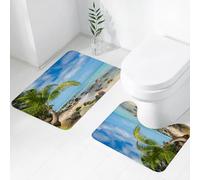 FEHWI Alfombra Baño 2 Piezas,Alfombrilla Antideslizante y Secado Rápido Lavable,Alfombrilla para Bañera,Baño,Ducha,WC,Decoración ca, romántica Escena Tranquila de Playa, Palmeras, Isla caribeña, fot