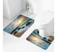 FEHWI Alfombra Baño 2 Piezas,Alfombrilla Antideslizante y Secado Rápido Lavable,Alfombrilla para Bañera,Baño,Ducha,WC,Océano, Paisaje Marino sición de la Naturaleza Rocas Olas Cielo Nublado Sol naci